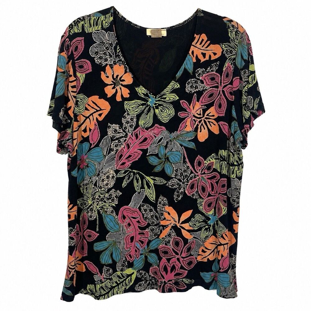 Choices Woman Plus Size 1X Black Floral V Neck Blouse Tropical Boho Stretch